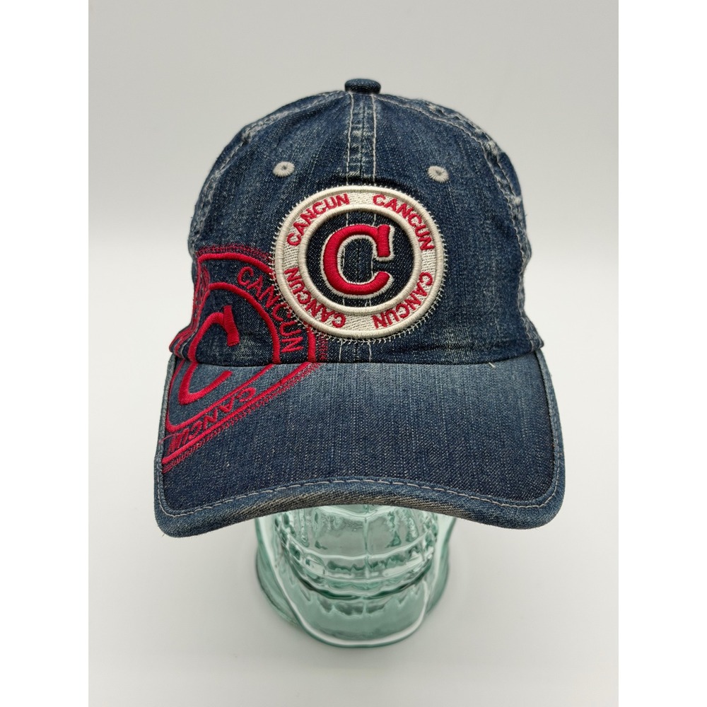 Robin Ruth Cancun Denim Baseball Cap Blue Distressed Embroidered Hat Adjustable